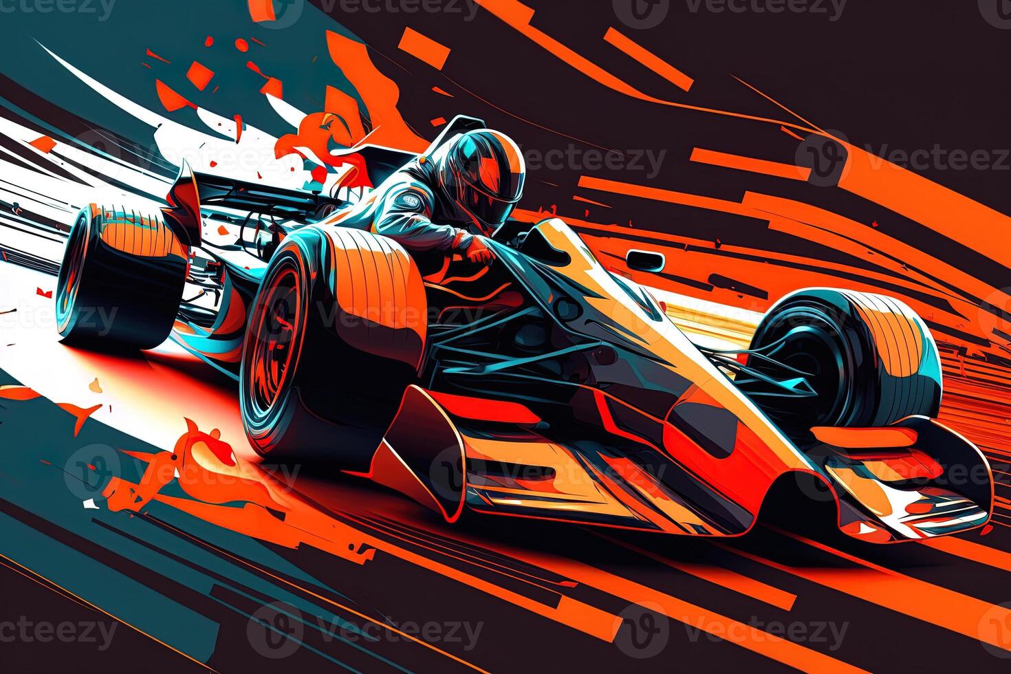 Futuristic racing formula at fast ride to finish. Post product digital illustration. Racing car in motion, Powerful acceleration of a car on a night track with colorful lights and trails photo