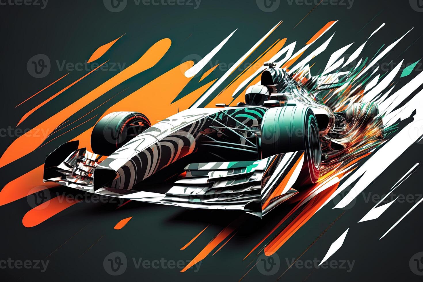 Futuristic racing formula at fast ride to finish. Post product digital illustration. Racing car in motion, Powerful acceleration of a car on a night track with colorful lights and trails photo