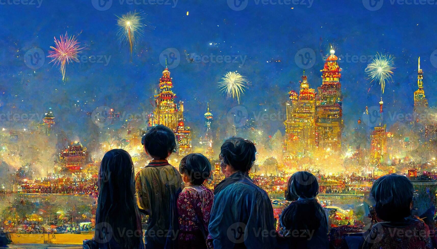 Asian family watching firework and celebrating together. Happy new year by painting. photo