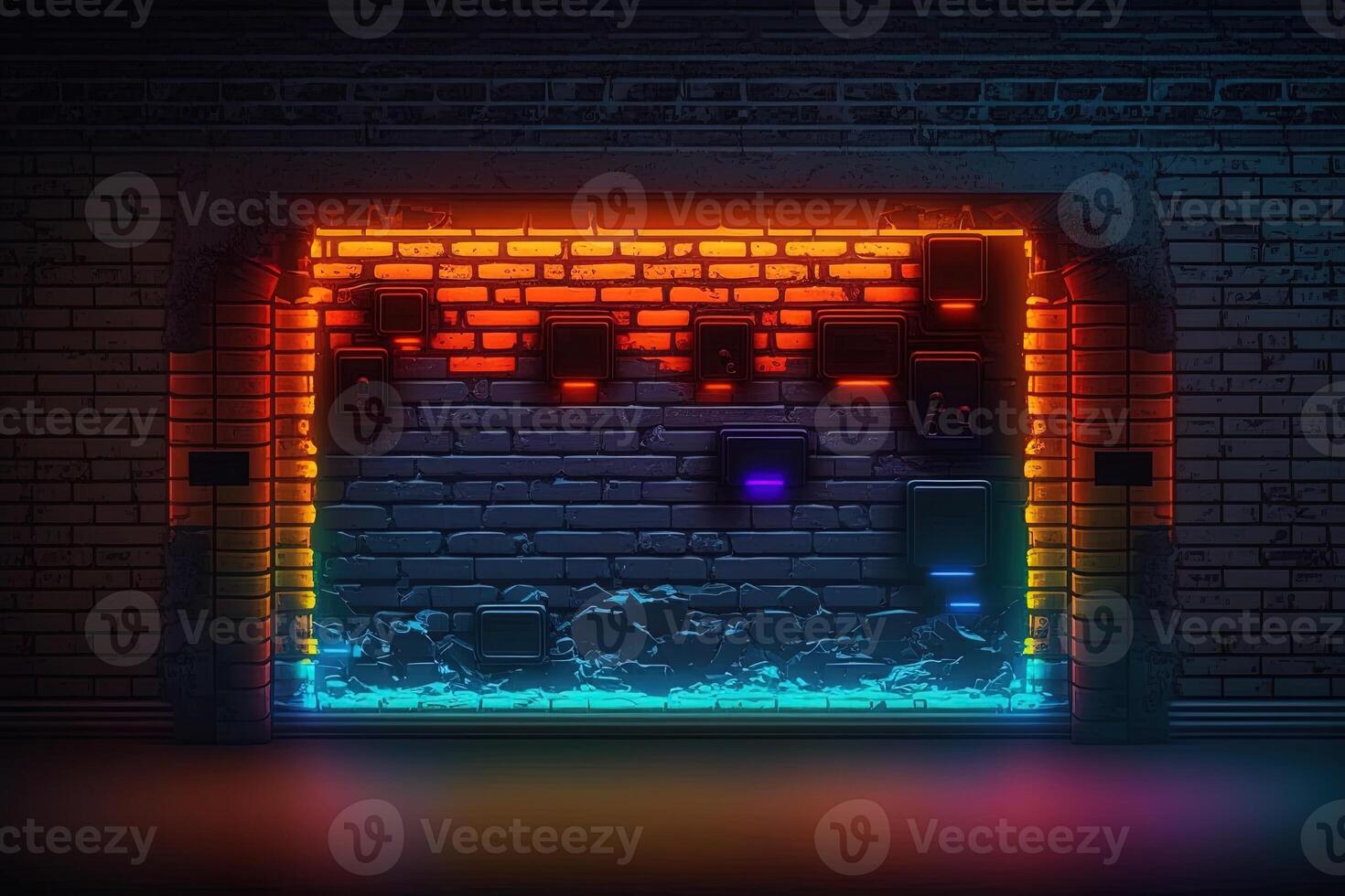 Modern futuristic blank brick wall background with neon lights. old grunge brick wall room background. Colorful copy space concept. photo