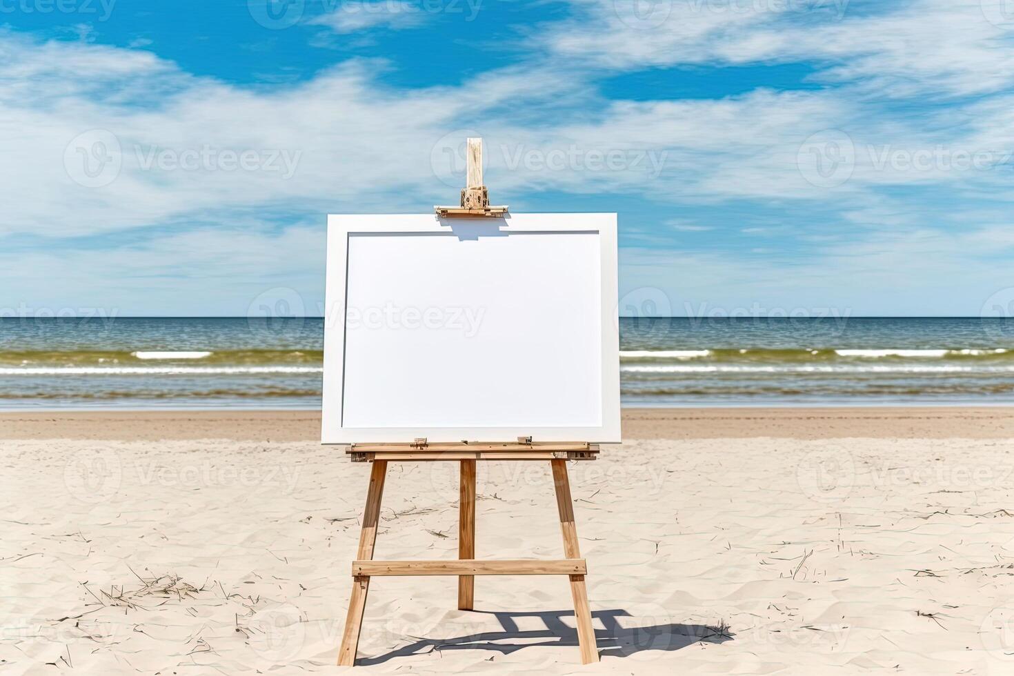 White blank artist frame on a small wooden easel on summer sea beach background with copy space. Advertising mockup artboard for pictures or artwork. Painting frame template banner. photo