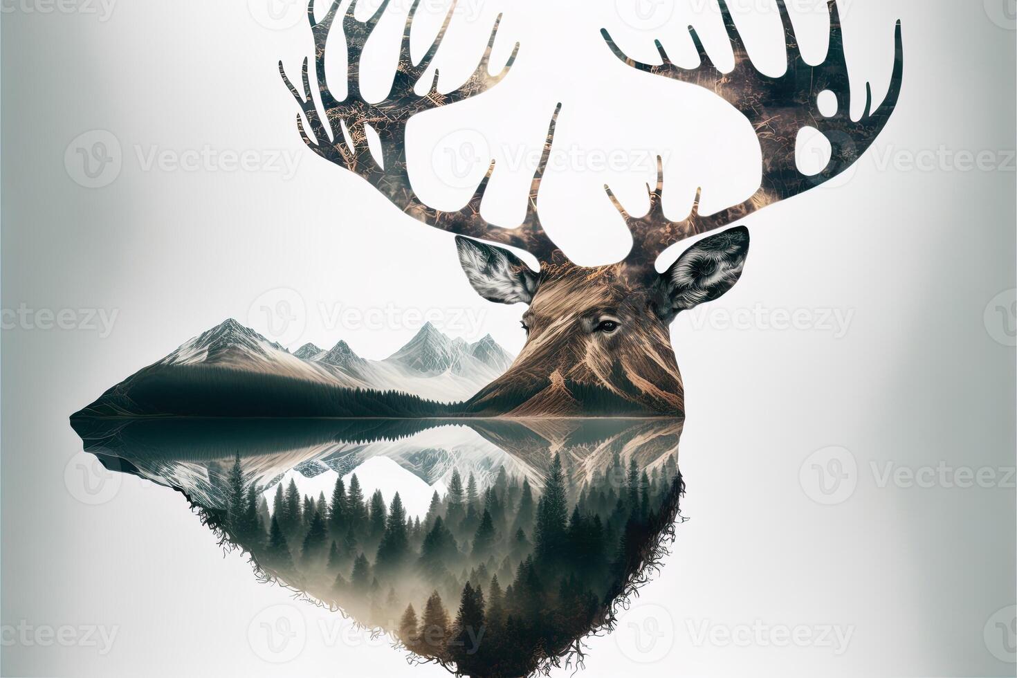 Double exposure of a deer and jungle on white background. Camping concept. Vintage Grizzly for t-shirt design, sticker, poster, and wallpaper. Adventure deer illustration photo