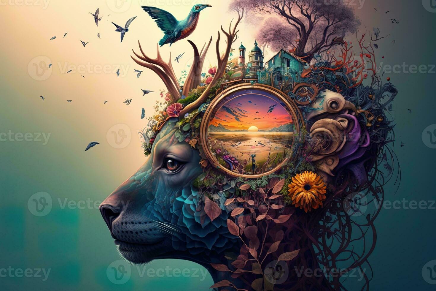 the mind lost deep in thought, thoughts of time and numbers, thoughts of a fantasy land with colorful plants and animals, surreal painting Generation AI photo