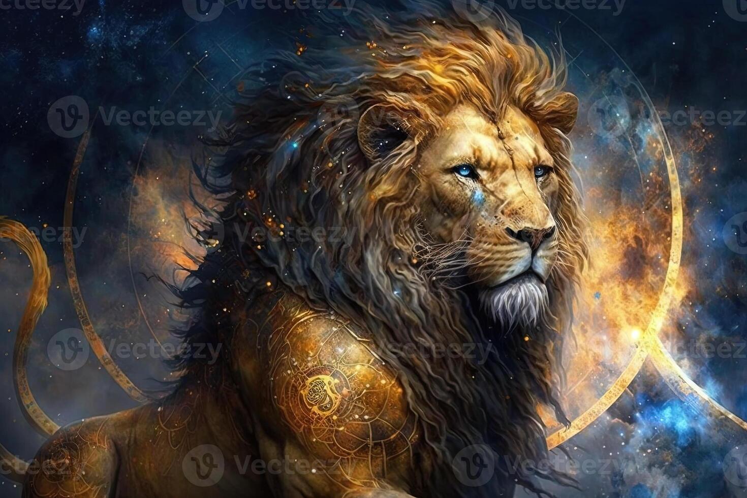 Backdrop of sacred zodiac Leo symbols, astrology, alchemy, magic, sorcery and fortune telling. digital painting. Zodiac sign Leo on the starry sky close up photo