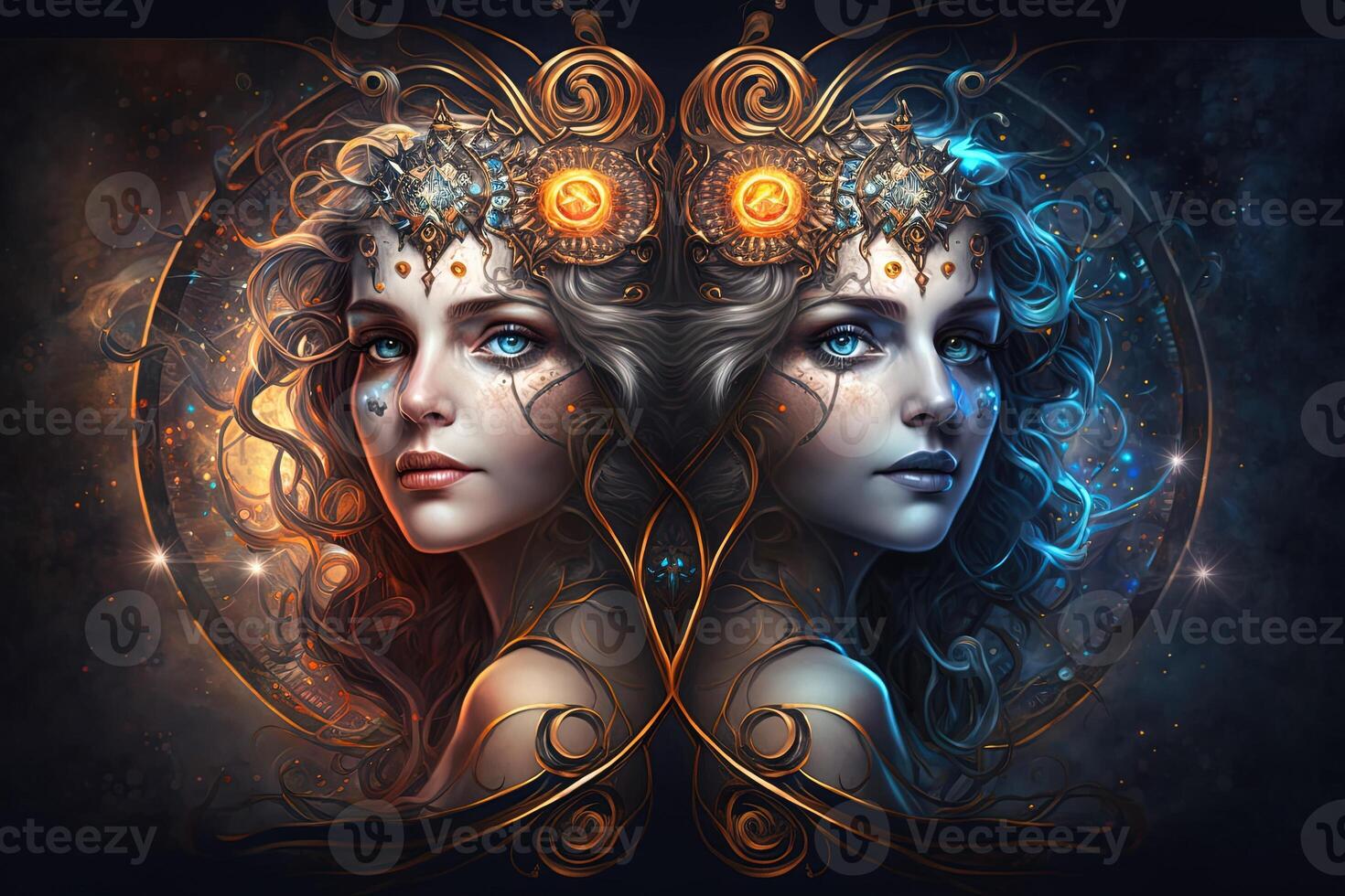 Backdrop of sacred zodiac Gemini symbols, astrology, alchemy, magic, sorcery and fortune telling. digital painting. Zodiac sign Gemini on the starry sky close up photo