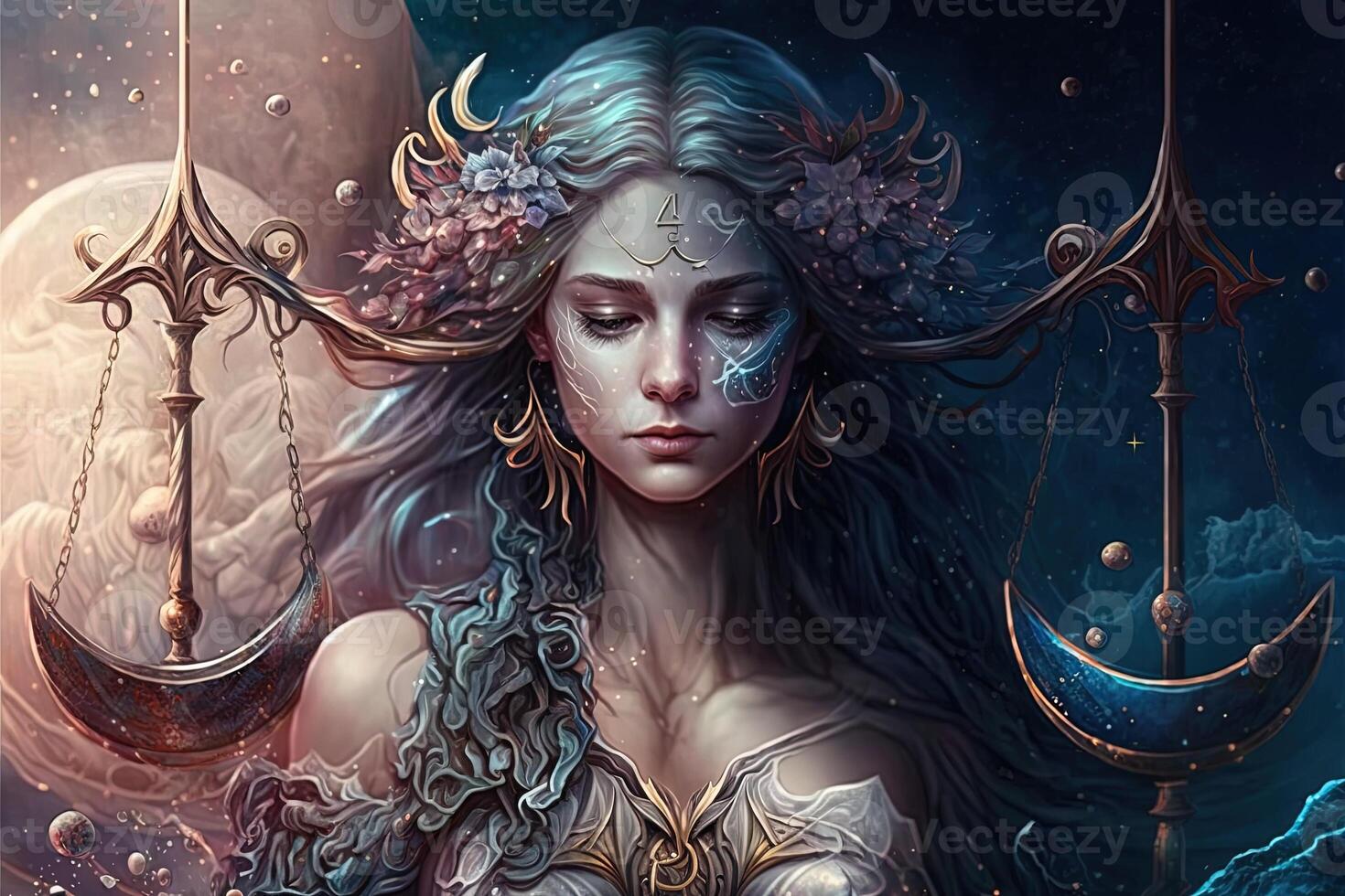 Backdrop of sacred zodiac Libra symbols, astrology, alchemy, magic, sorcery and fortune telling. digital painting. Zodiac sign Libra on the starry sky close up photo