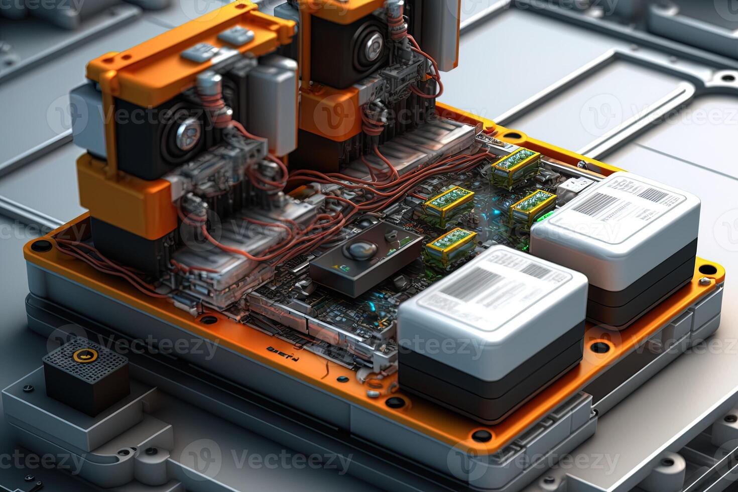 Interior of industry factory, Robot assembly line with electric car battery cells module on platform. photo