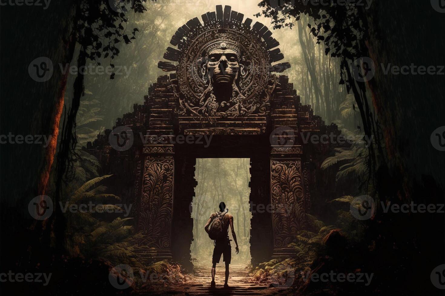 Mayan gate in the forest. . Concept art of an explorer walking in the middle of the jungle through a secret gate. An adventurer in a green tropical rainforest discovering a secret passage photo