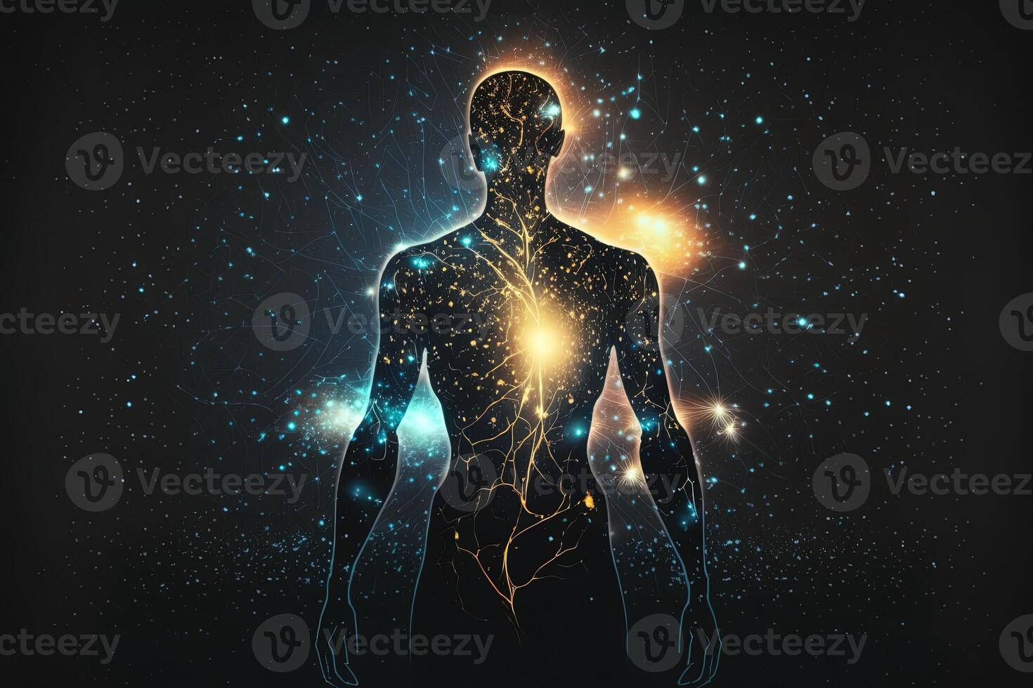 Astral body silhouette with abstract space background. Esoteric, spiritual life and meditation concept. Afterlife and connection with other worlds. Created with photo