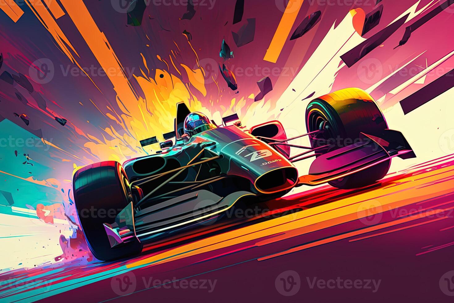 Futuristic racing formula at fast ride to finish. Post product digital illustration. Racing car in motion, Powerful acceleration of a car on a night track with colorful lights and trails photo