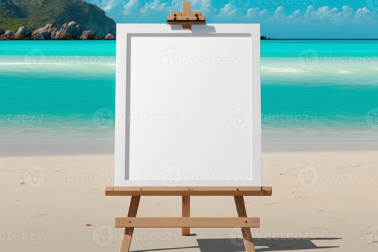 White blank artist frame on a small wooden easel on summer sea beach background with copy space. Advertising mockup artboard for pictures or artwork. Painting frame template banner. photo