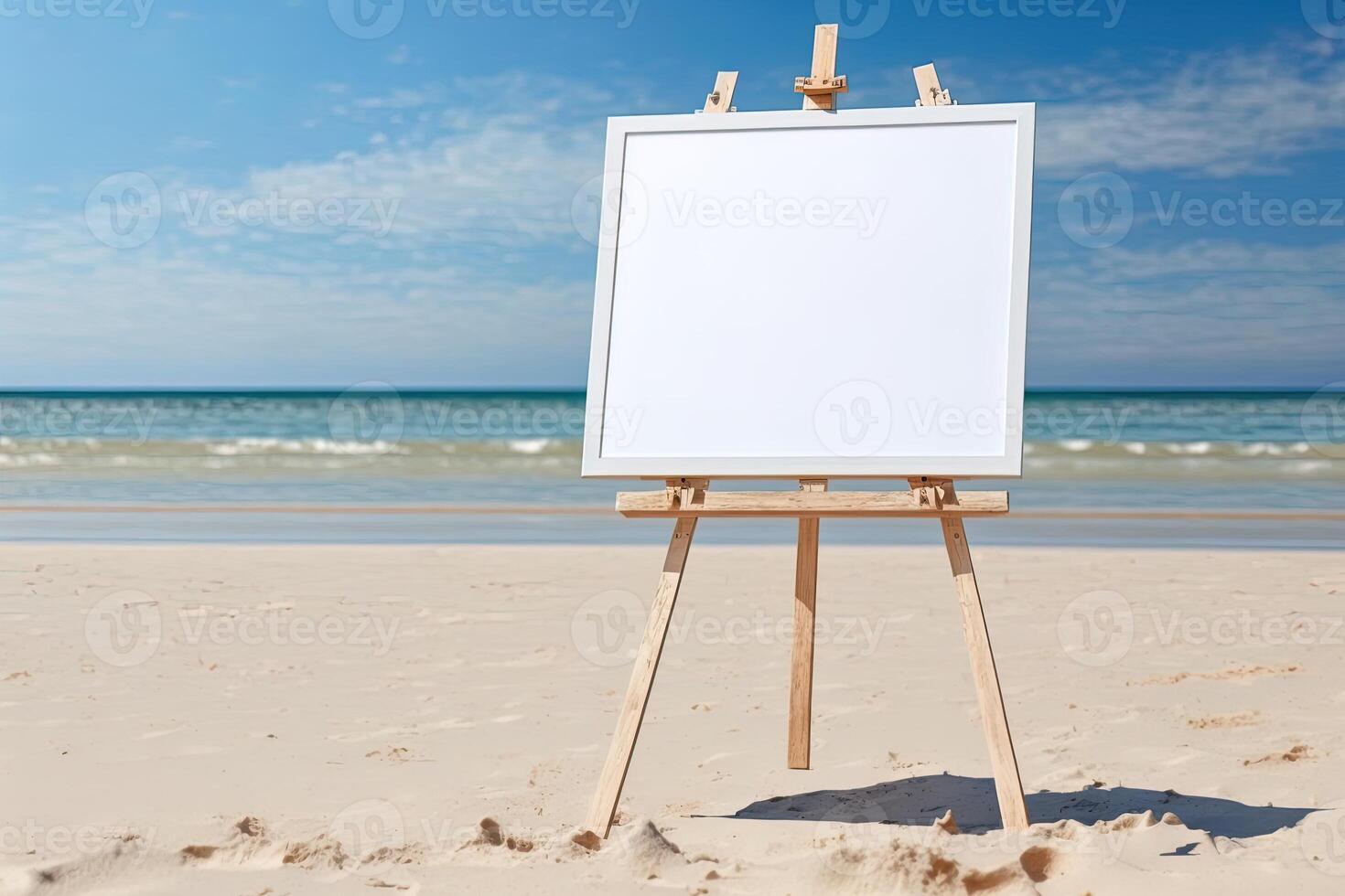 White blank artist frame on a small wooden easel on summer sea beach background with copy space. Advertising mockup artboard for pictures or artwork. Painting frame template banner. photo