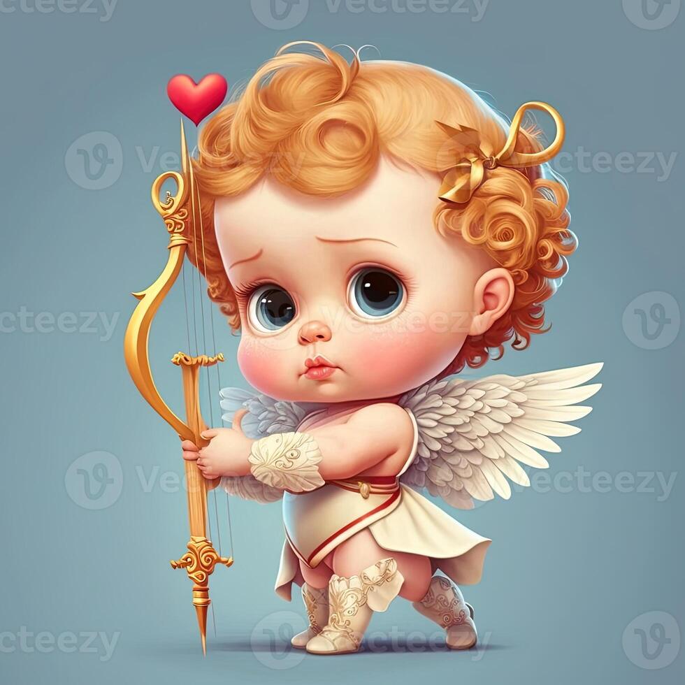 adorable baby cupid beautiful portrait, full body hand holding a bow and arrow, cartoon style character. Love and valentine concept. photo