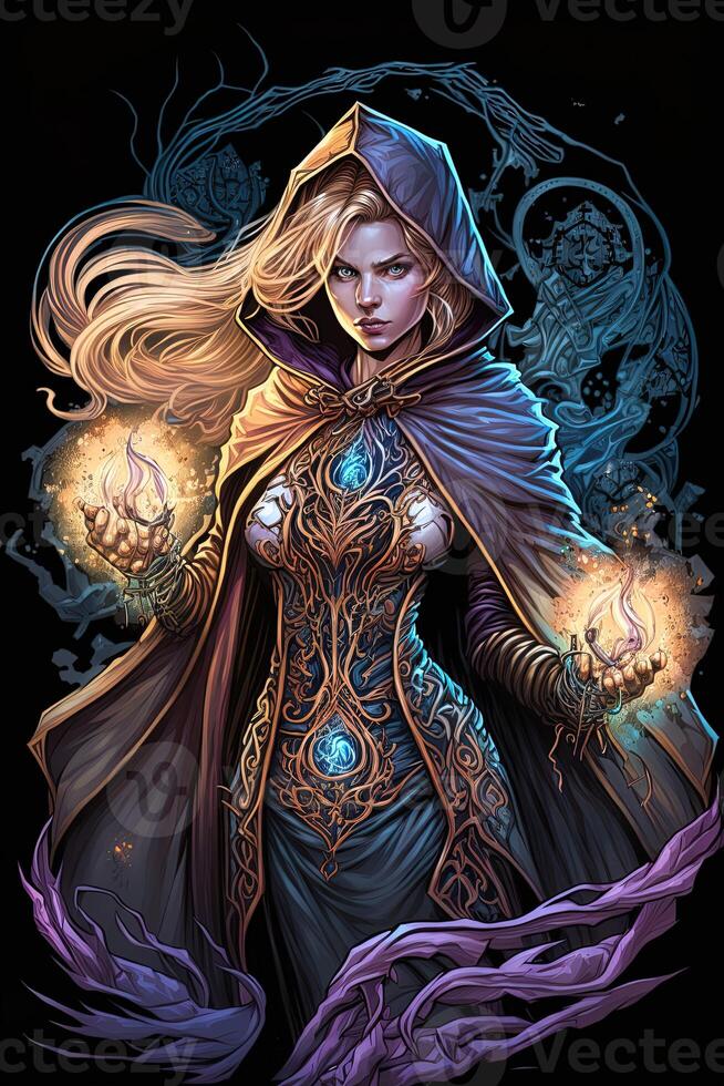 Full body view of a beautiful female sorcerer illustration, Magic sorcerer character for game. female wizard, photo