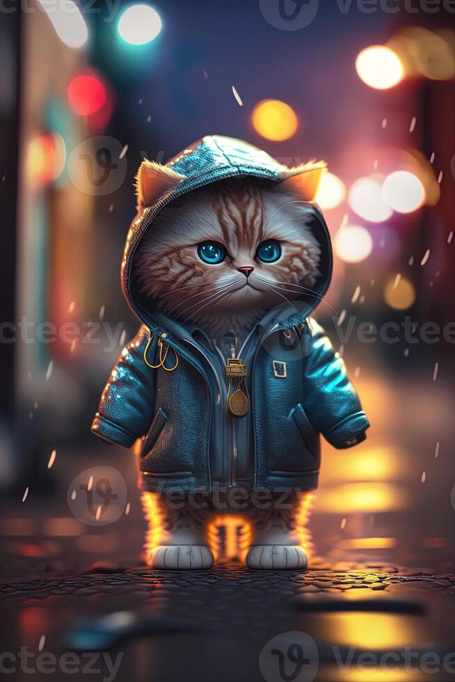 toy cute cat in clothes jacket and sneakers on street background with neon lighting, photo