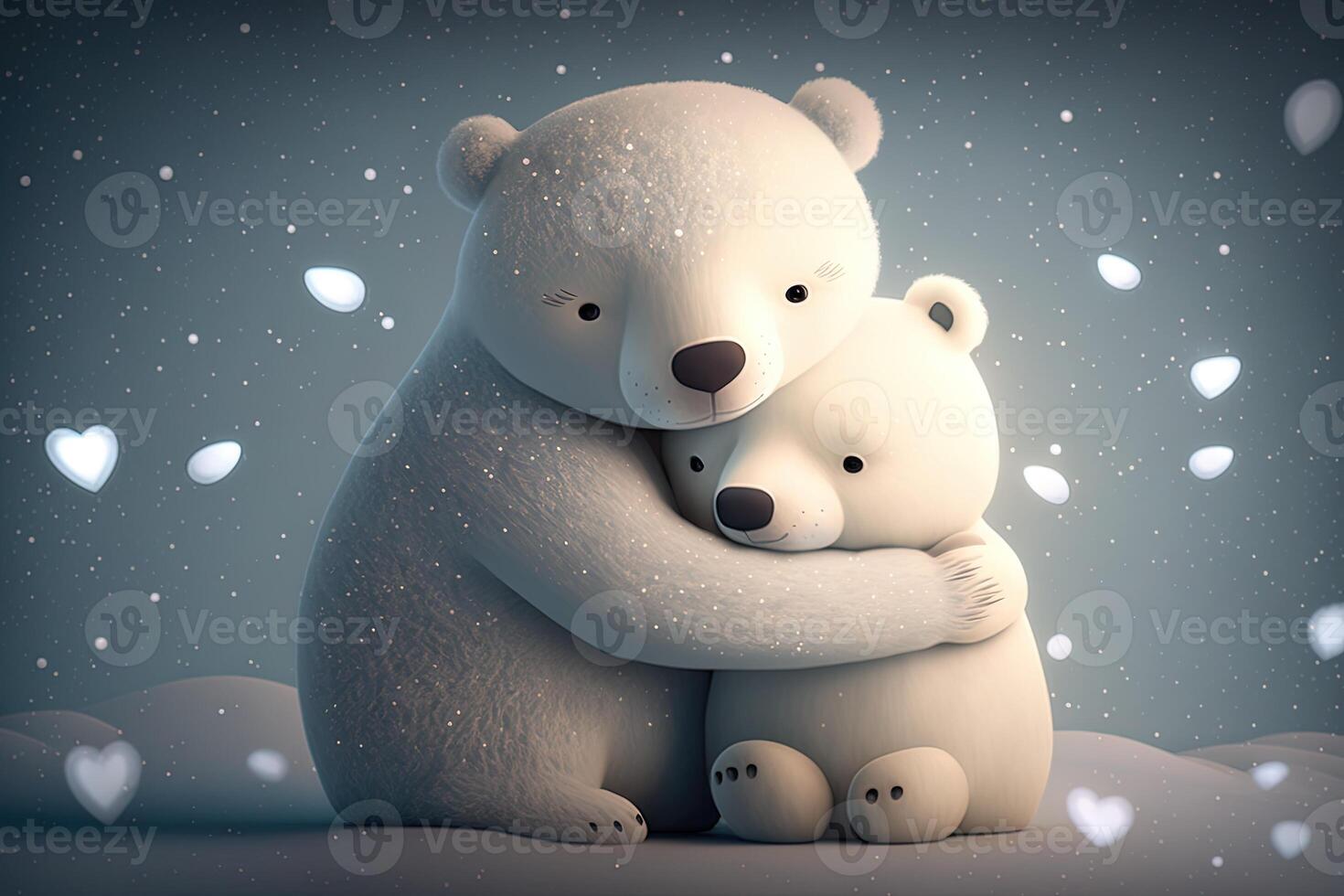 Two cute polar hug together in white snow background. Mother and baby polar bear cuddling as family in snow in winter. photo