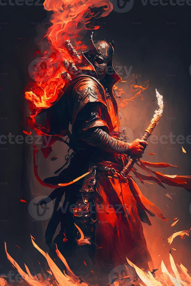 A samurai in a demonic red mask on the battlefield makes a swing with a katana creating a sizzling fire ring around, he is a mystical martial. illustration painting photo