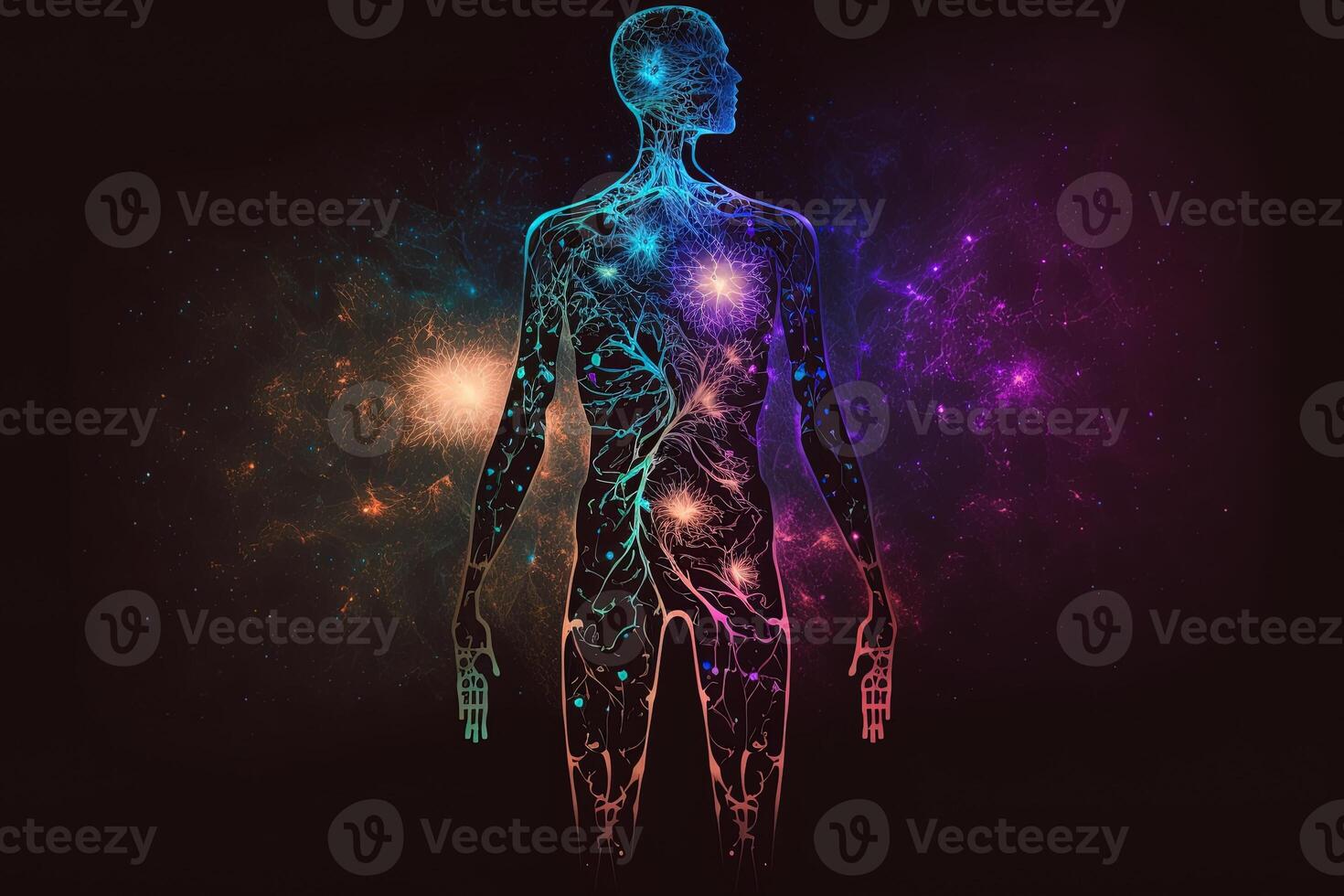 Astral body silhouette with abstract space background. Esoteric, spiritual life and meditation concept. Afterlife and connection with other worlds. Created with photo