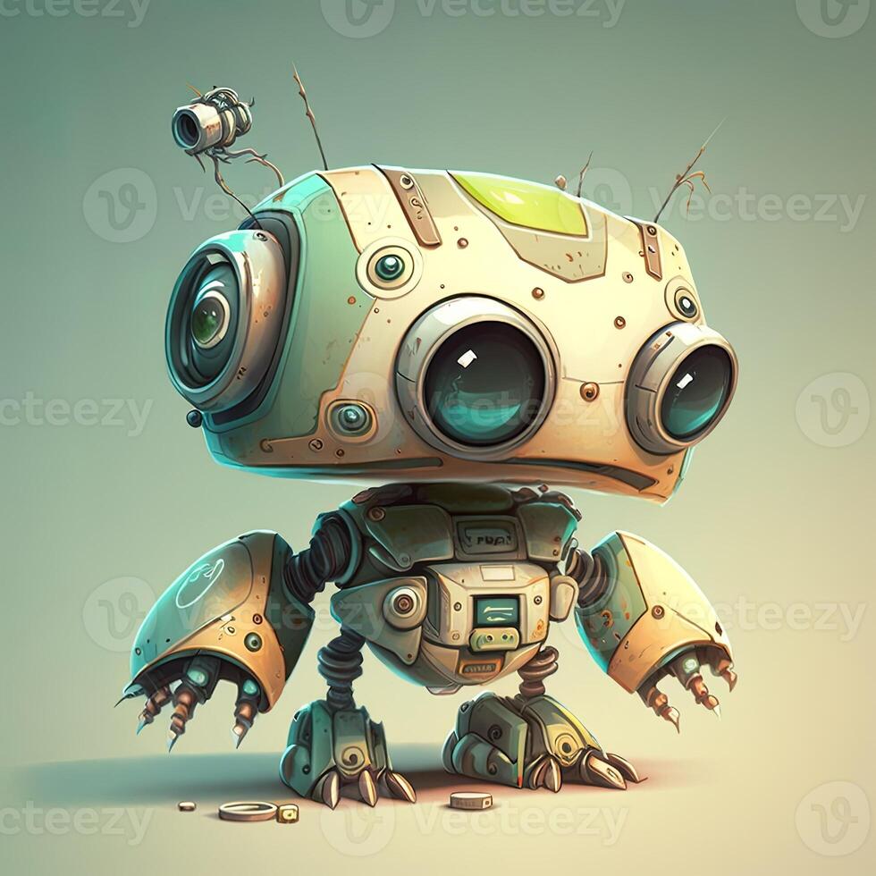 Cute white smiling robotic teen mini unit robot toy gesturing. Cute robot on a white backdrop with a pointing hand and a winking eye. technological idea. photo