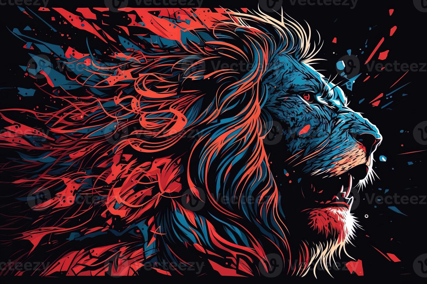 Poster of Lion roaring, Abstract poster of a dangerous and powerful roaring male lion. . Creative fire flames art paint coming from the mad king of the jungle. photo