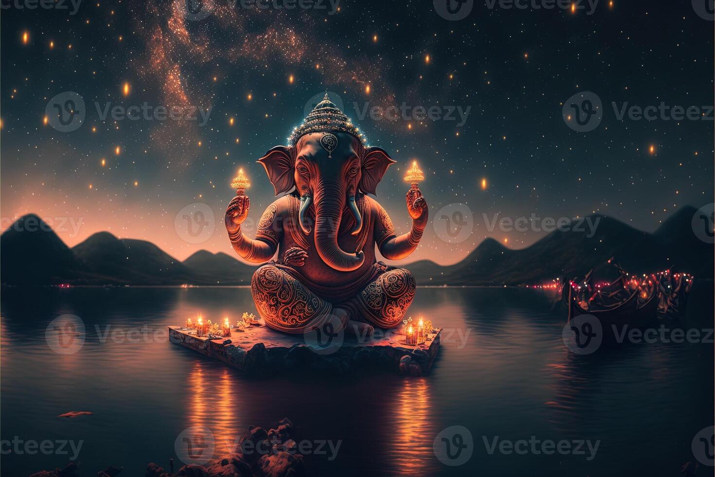 There are many galactic stars in the night sky of a huge massive GANESHA statue, with red lanterns rising in the sky, crowds watching the lantern festival. Ganesha Festival. photo