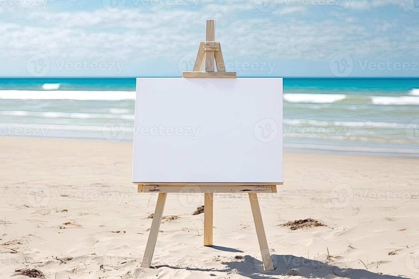White blank artist frame on a small wooden easel on summer sea beach background with copy space. Advertising mockup artboard for pictures or artwork. Painting frame template banner. photo