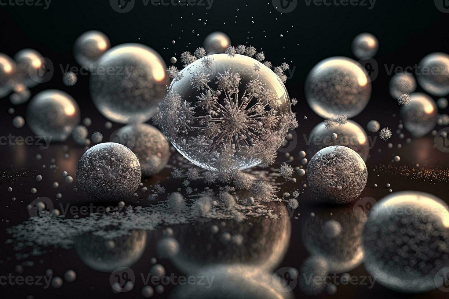 Christmas white decorations on snow with fir tree branches. Winter Decoration Background. Focus of tiny liquid mirror balls falling from the sky , each containing a tiny perfect city inside photo