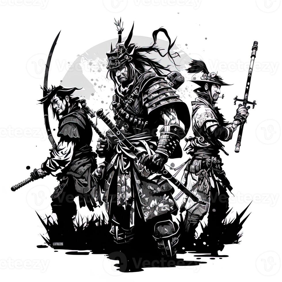 Samurai warrior with katana sword. Ronin samurai against five enemy surrounded about to fight, comic style photo