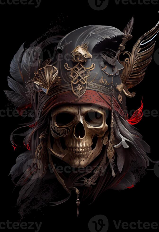 illustration of an old skull pirate on board a ship, a portrait of a captain, a sea wolf, black background, photo