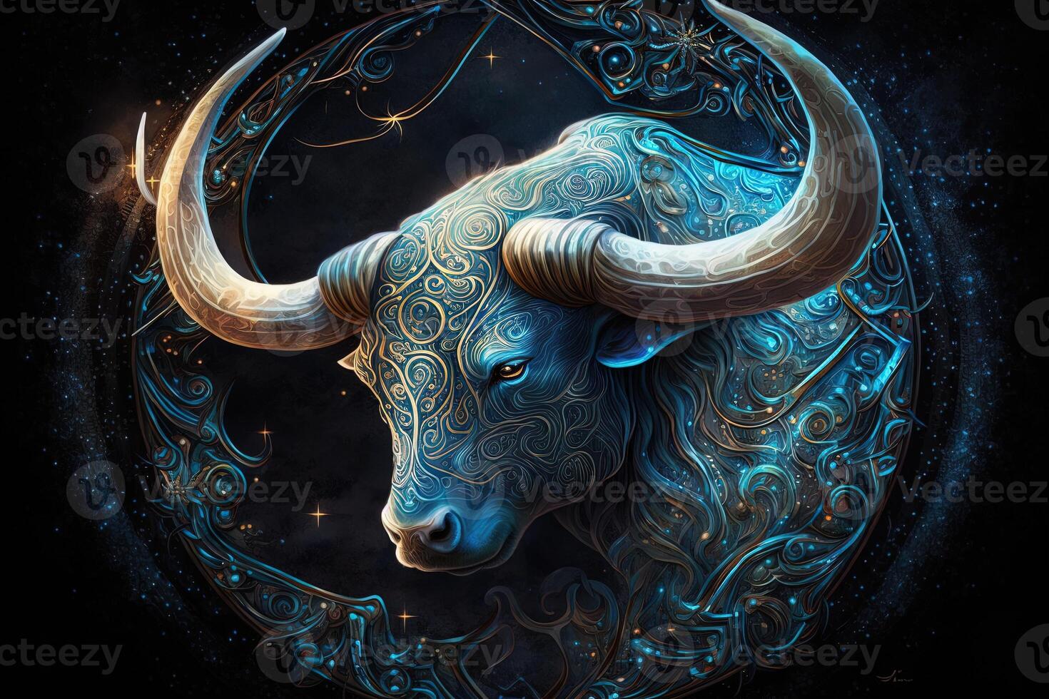 Backdrop of sacred zodiac Taurus symbols, astrology, alchemy, magic, sorcery and fortune telling. digital painting. Zodiac sign Taurus on the starry sky close up photo