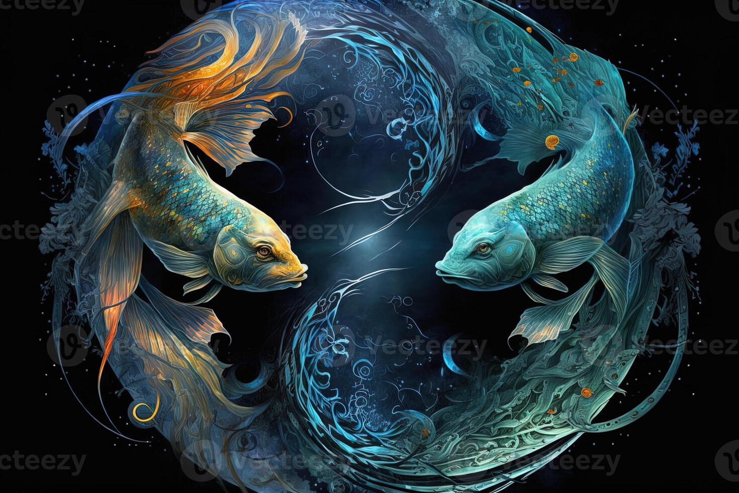 Backdrop of sacred zodiac Pisces symbols, astrology, alchemy, magic, sorcery and fortune telling. digital painting. Zodiac sign Pisces on the starry sky close up photo
