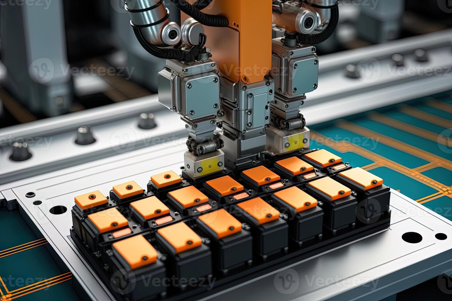 Interior of industry factory, Robot assembly line with electric car battery cells module on platform. photo