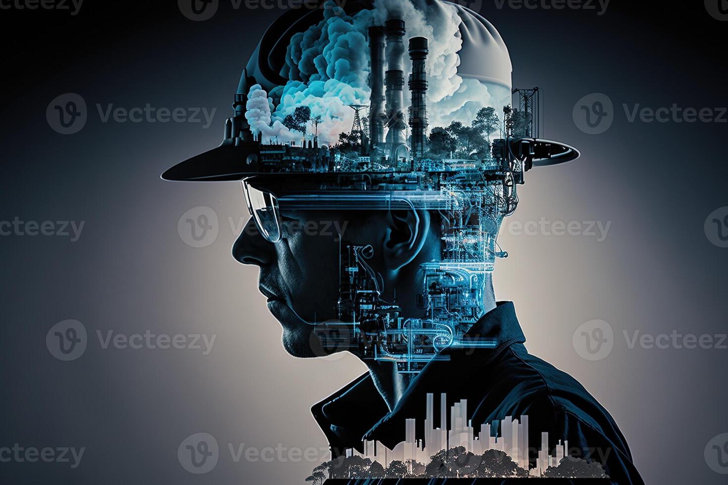 Conceptual graphic design of an energy sector and future manufacturing. With double exposure artwork, an oil, gas, and petrochemical refinery facility demonstrates the future of power. photo