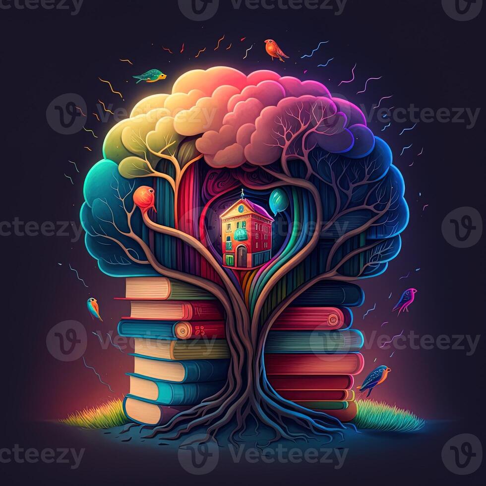 This whimsical image shows a brain with a library inside, its neurons and synapses lit up in a rainbow of joyful colors. A stack of books on a shelf indicates knowledge and learning, photo