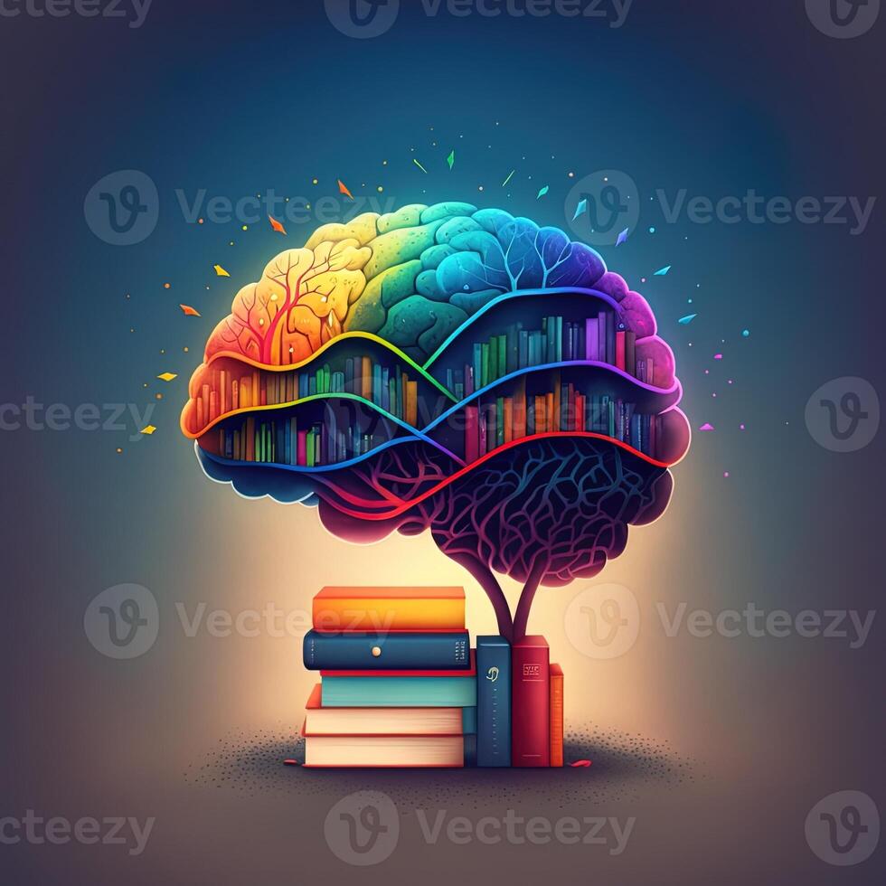 This whimsical image shows a brain with a library inside, its neurons and synapses lit up in a rainbow of joyful colors. A stack of books on a shelf indicates knowledge and learning, photo
