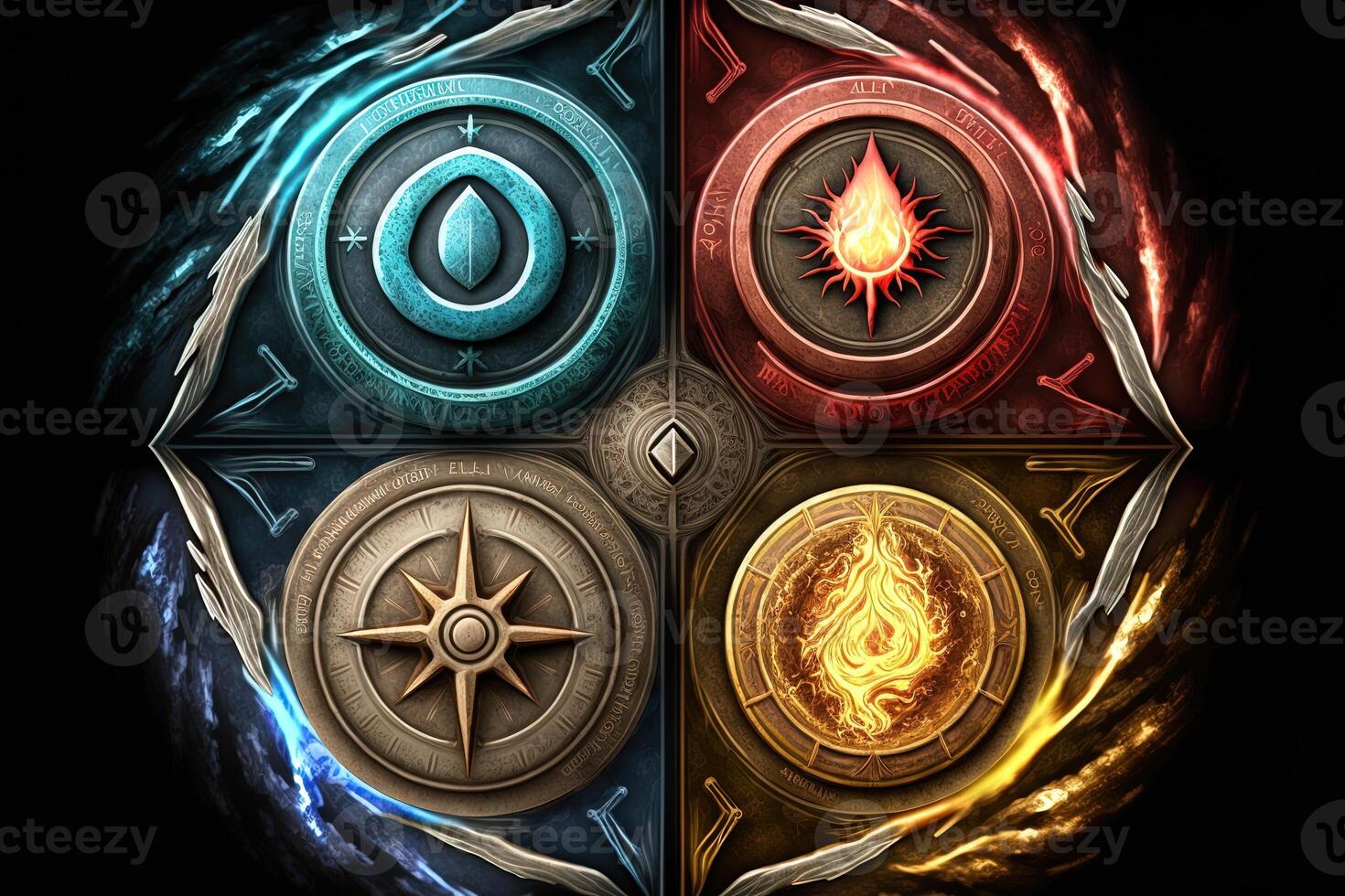 Four elements compass. . Colorful magical fantasy compass, four elements earth, fire, water, air. photo