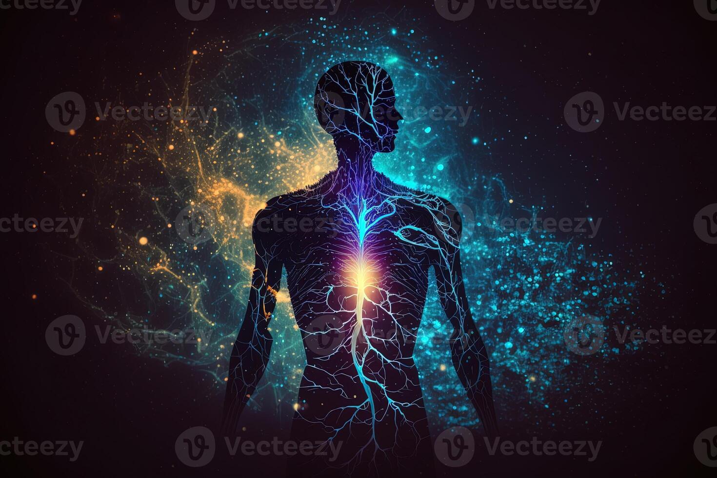 Astral body silhouette with abstract space background. Esoteric, spiritual life and meditation concept. Afterlife and connection with other worlds. Created with photo