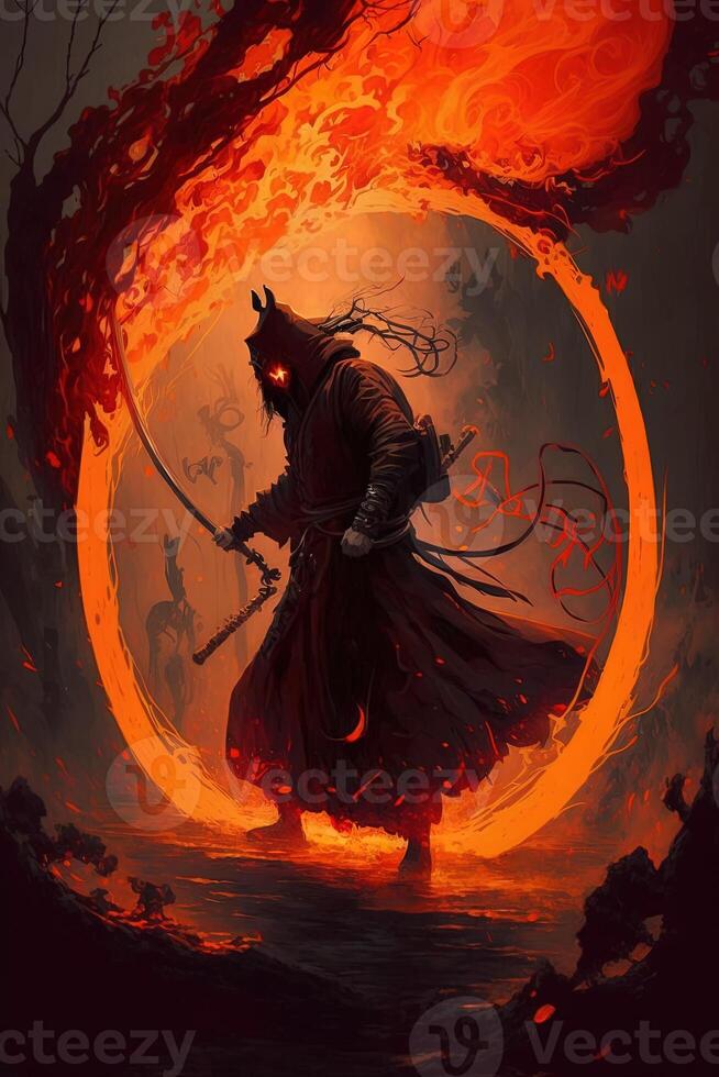 A samurai in a demonic red mask on the battlefield makes a swing with a katana creating a sizzling fire ring around, he is a mystical martial. illustration painting photo