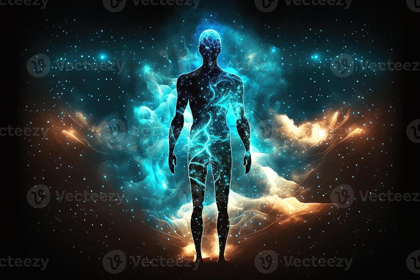 Astral body silhouette with abstract space background. Esoteric, spiritual life and meditation concept. Afterlife and connection with other worlds. Created with photo