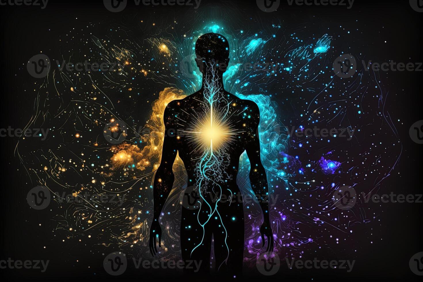 Astral body silhouette with abstract space background. Esoteric, spiritual life and meditation concept. Afterlife and connection with other worlds. Created with photo