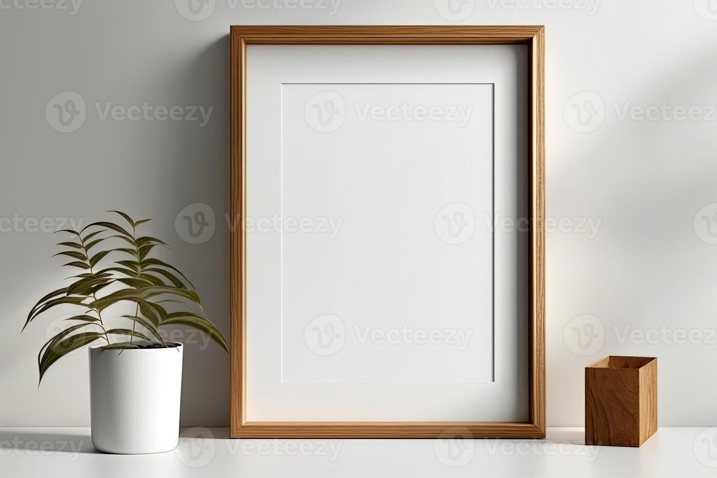 Blank picture frame mockup on wall in modern interior. Artwork template mock up in interior design. Wooden Picture Frame Mockup on White Wall Minimalist - photo