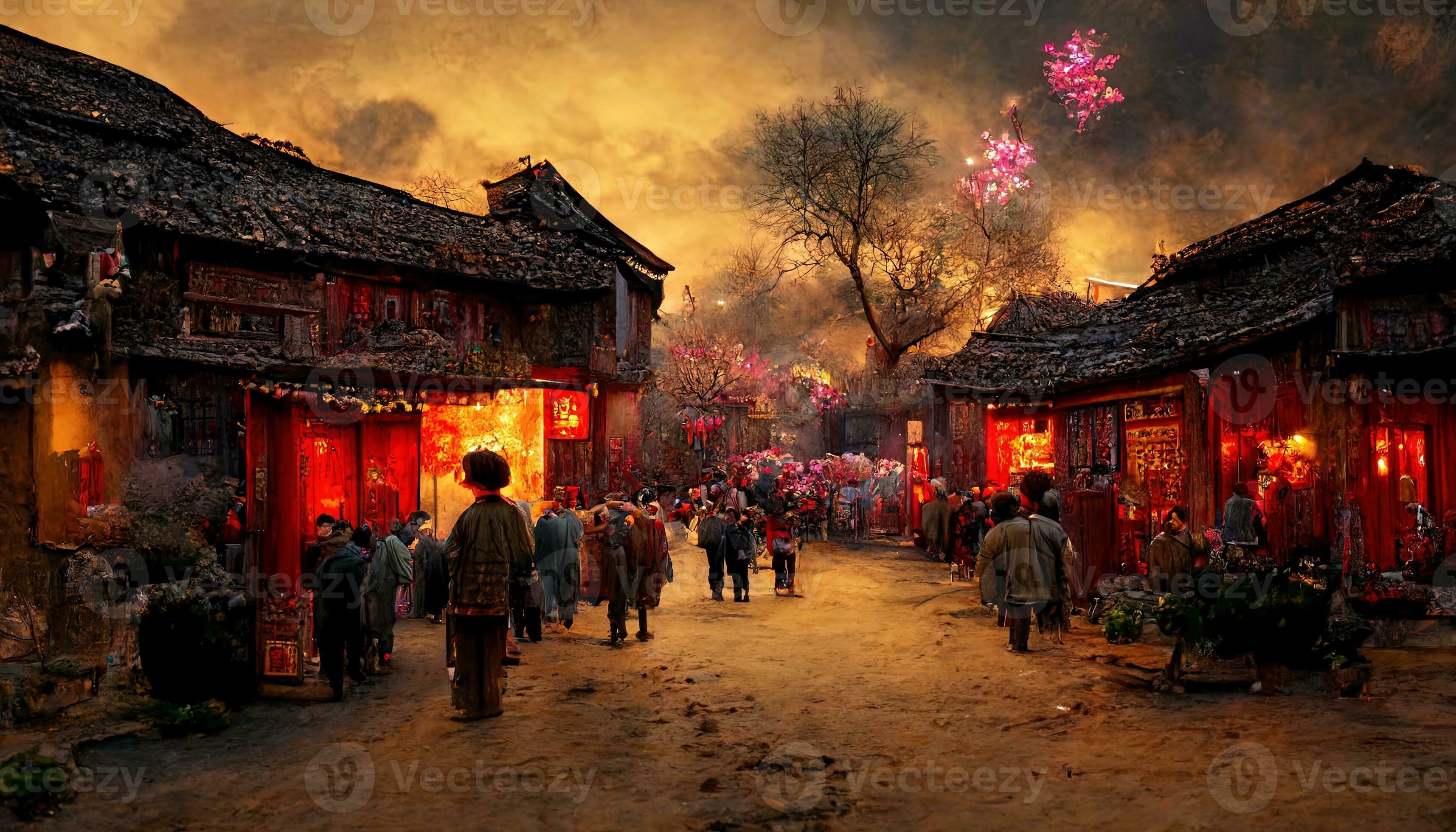 Ancient Chinese Village Chinese New Year Peach Flower Blossom Multi Ancient Chinese Village Chinese New Year Peach Flower Blossom Multi