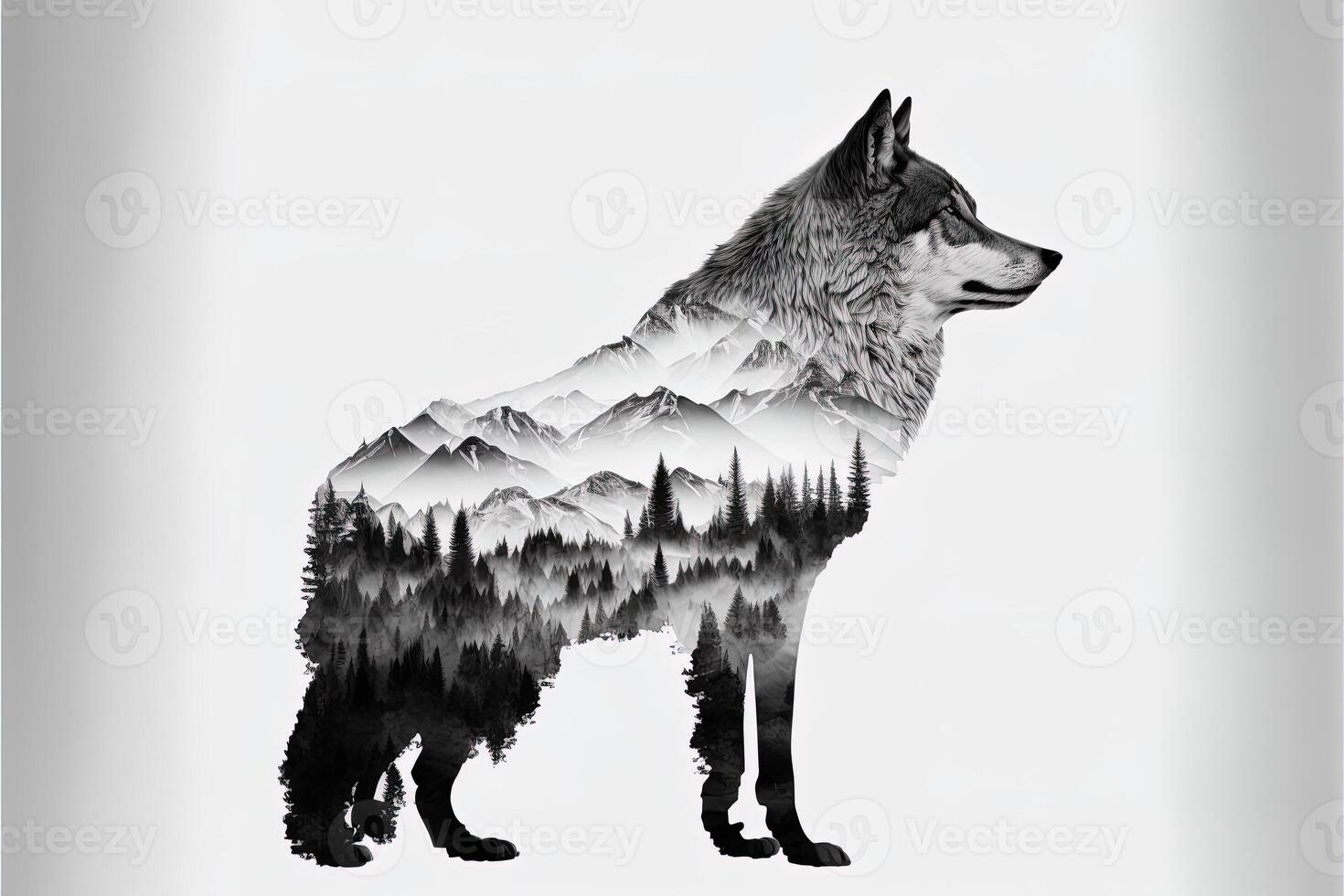 Double exposure of a wolf and jungle on white background. Camping concept. Vintage Grizzly for t-shirt design, sticker, poster, and wallpaper. photo