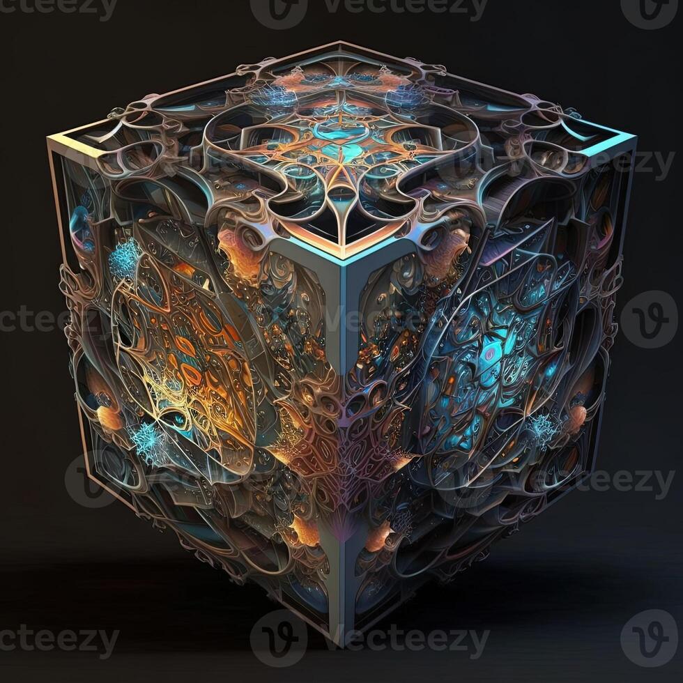 tesseract with fractal design in order and chaos. Abstract multiverse world with cubic . Creative surreal earth environment by puzzle artwork construction photo
