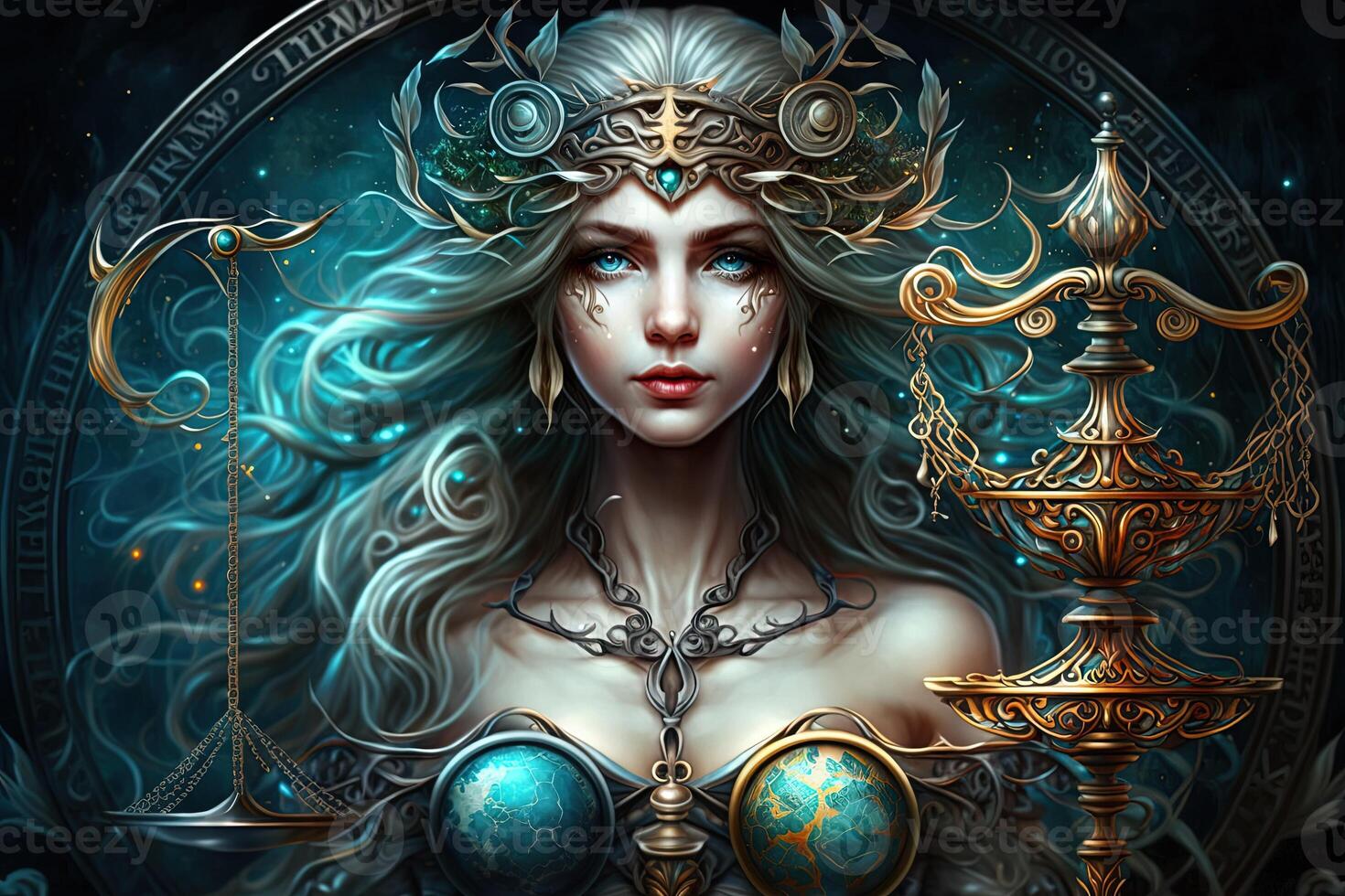 Backdrop of sacred zodiac Libra symbols, astrology, alchemy, magic, sorcery and fortune telling. digital painting. Zodiac sign Libra on the starry sky close up photo