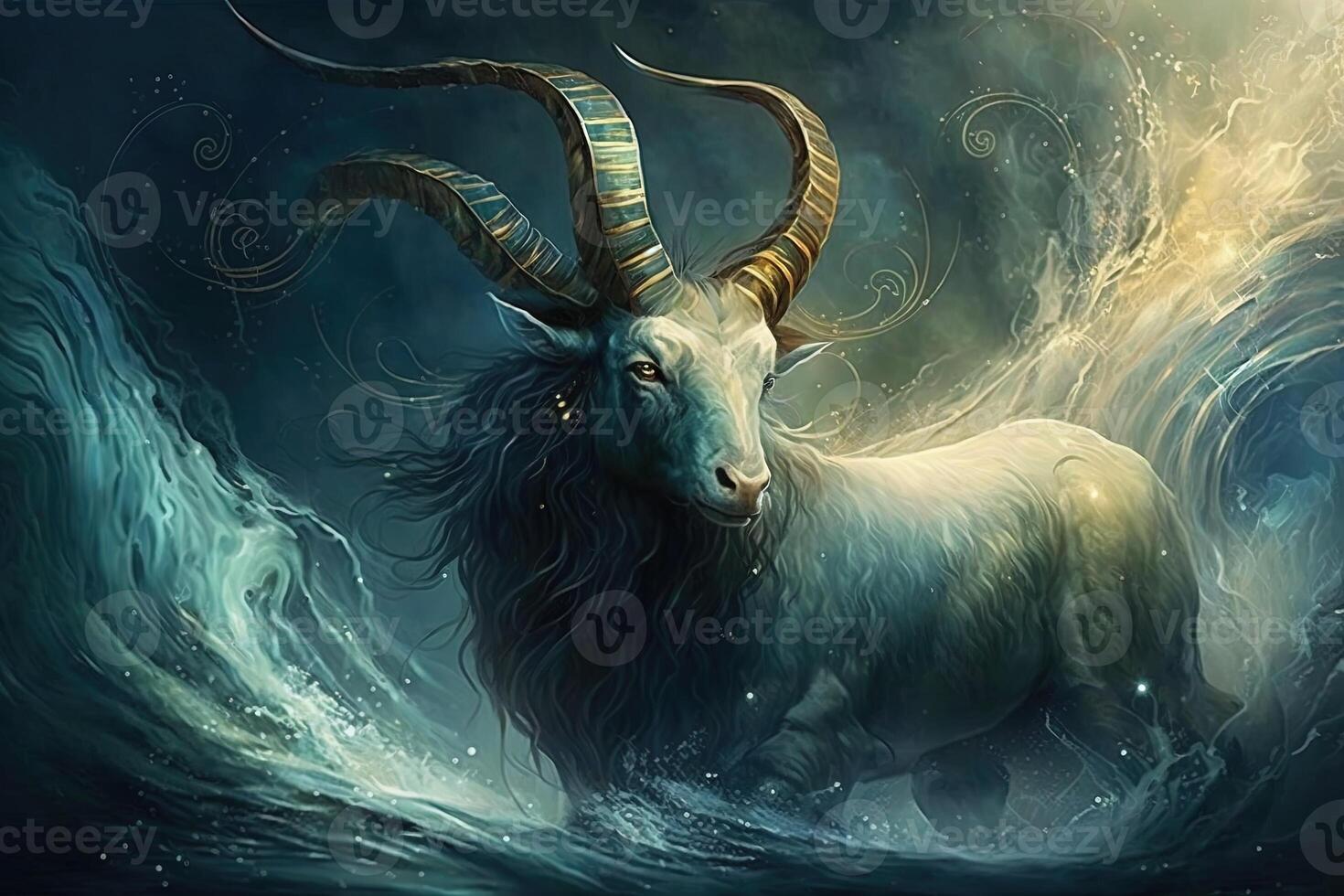 Backdrop of sacred zodiac Capricorn symbols, astrology, alchemy, magic, sorcery and fortune telling. digital painting. Zodiac sign Capricorn on the starry sky close up photo