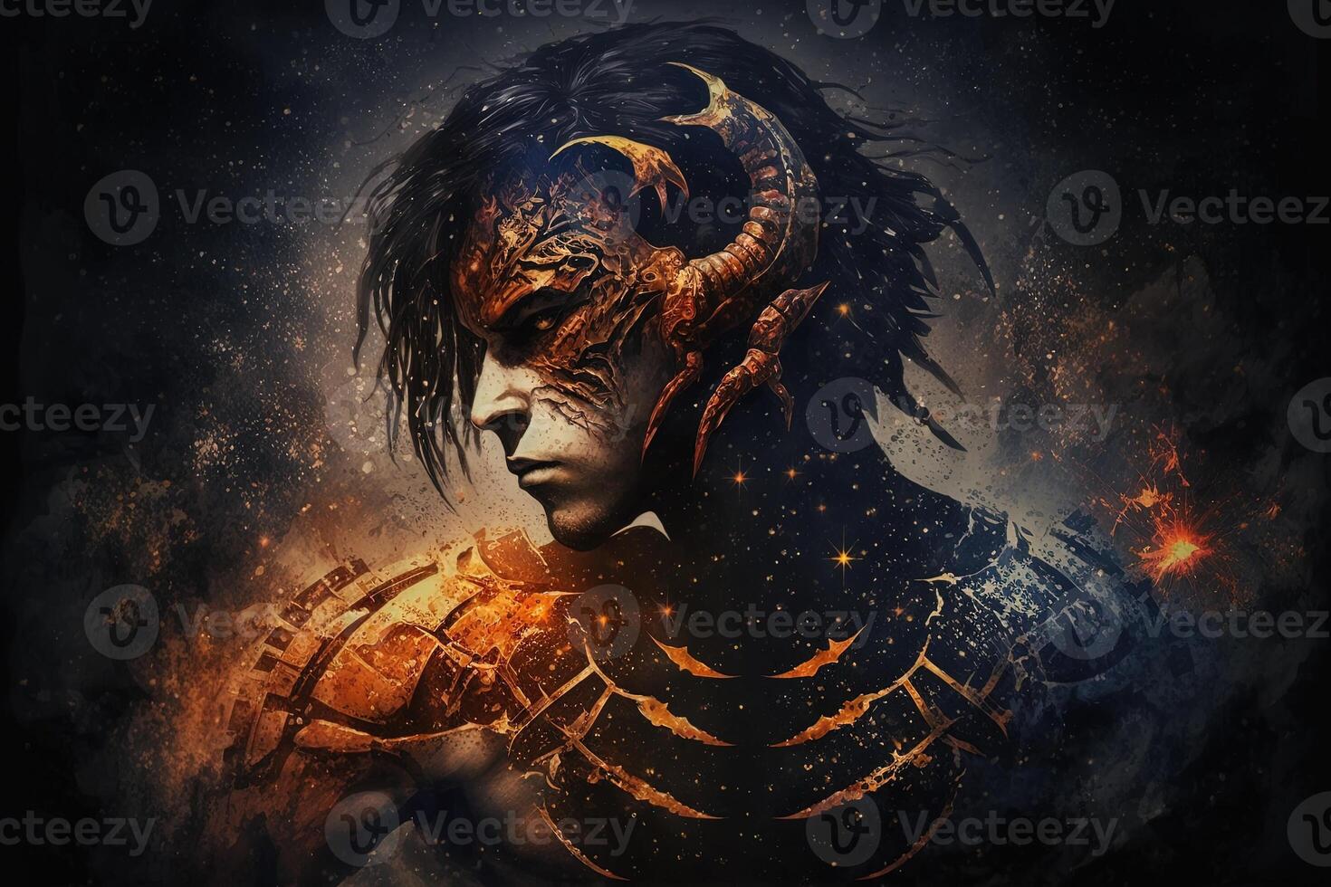 Backdrop of sacred zodiac Scorpius symbols, astrology, alchemy, magic, sorcery and fortune telling. digital painting. Zodiac sign Scorpius on the starry sky close up photo