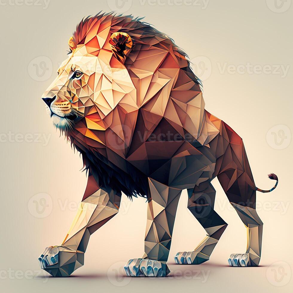 generativo ai ilustración de creativo de león hecho de vistoso geométrico formas en antecedentes. líder, coraje, fuerte y corajudo, majestuoso león foto