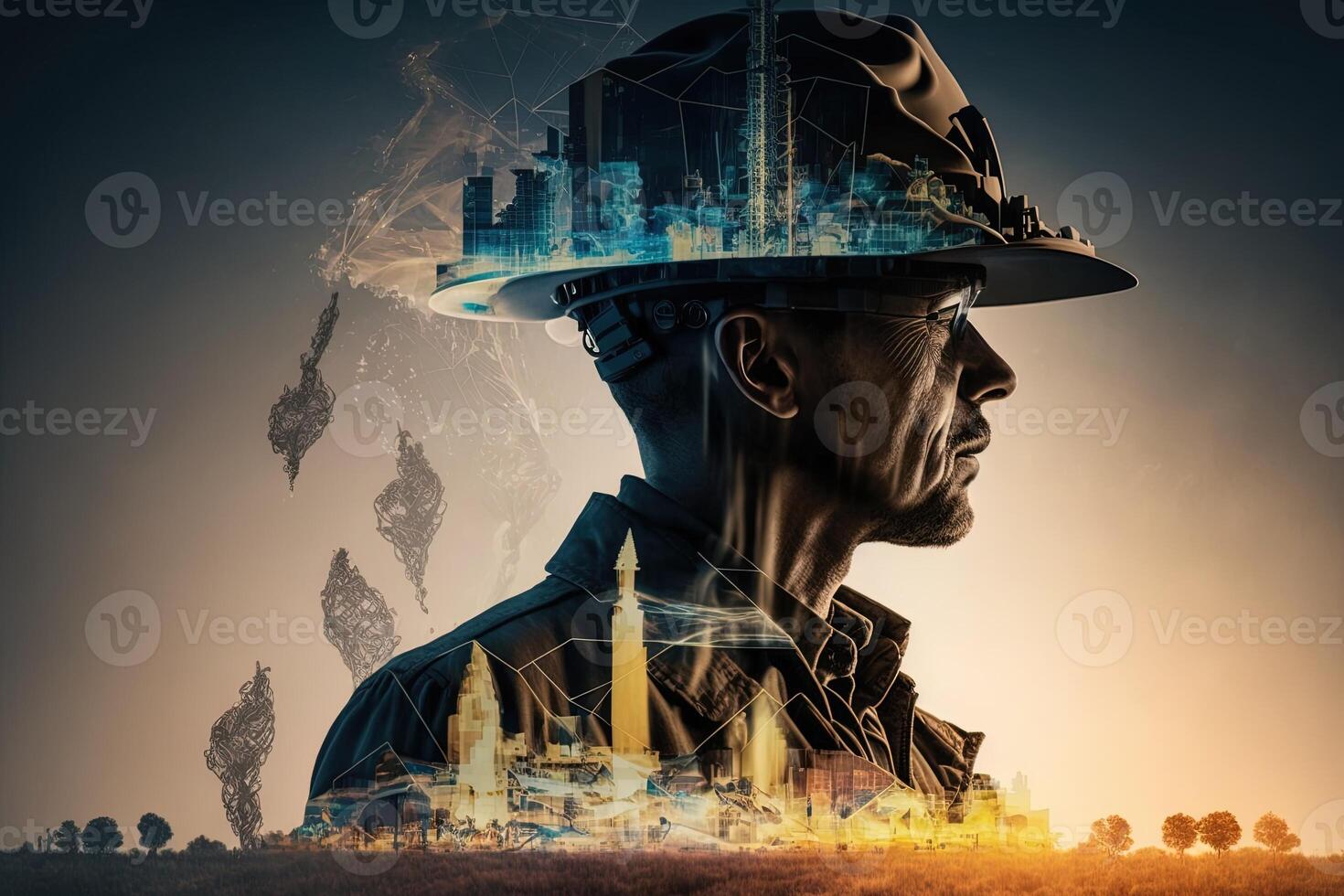Conceptual graphic design of an energy sector and future manufacturing. With double exposure artwork, an oil, gas, and petrochemical refinery facility demonstrates the future of power. photo