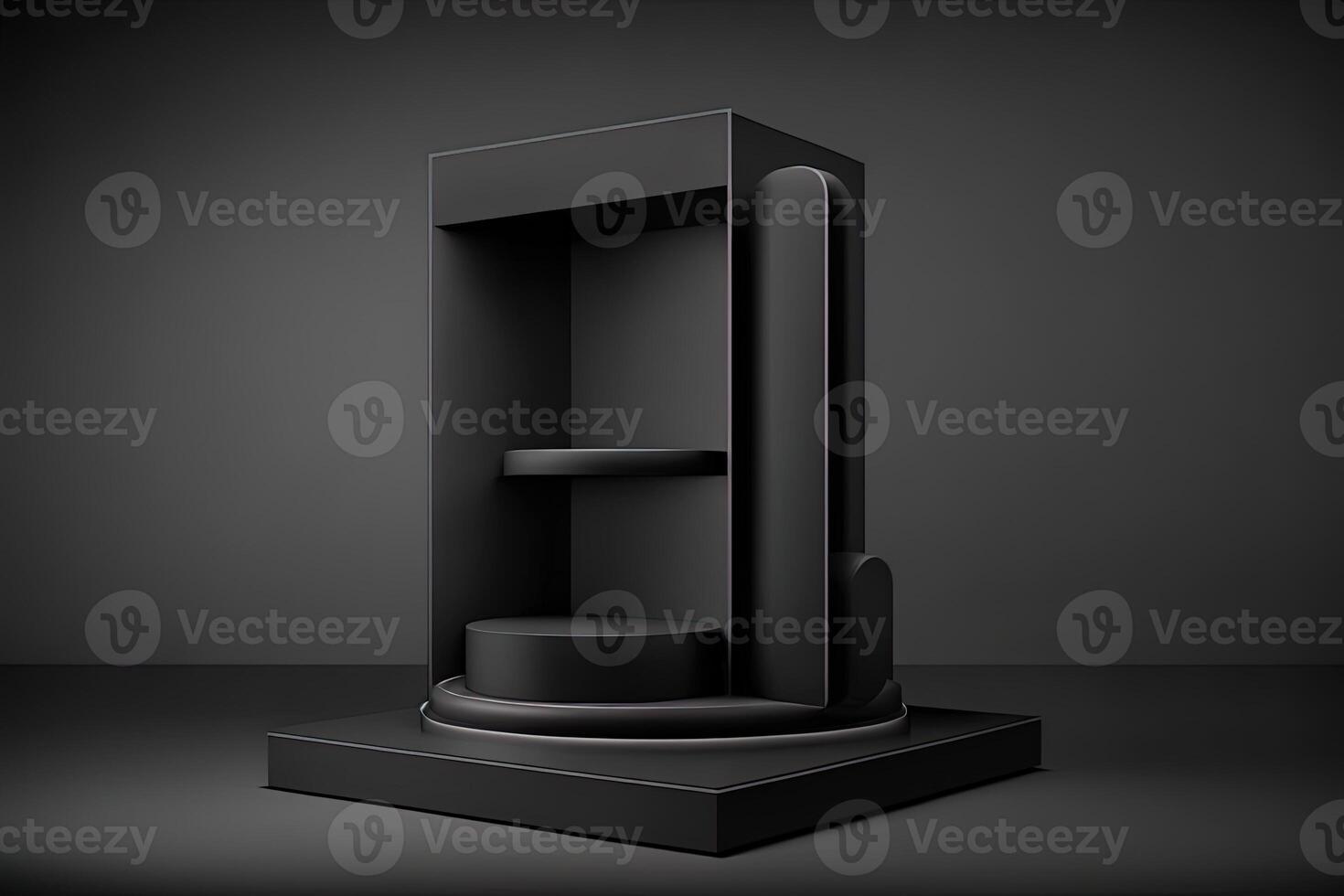 black background and product podium stand studio. Elegant black cube stand for product placement mockup. Minimal box platform showroom with spot light. photo